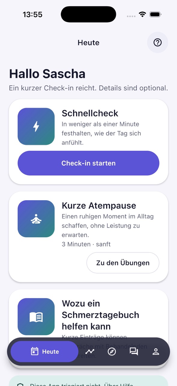 Startbildschirm „Heute“ der mioDolor-App mit Schnellcheck, kurzer Atempause und einem Wissensbeitrag zum Schmerztagebuch.