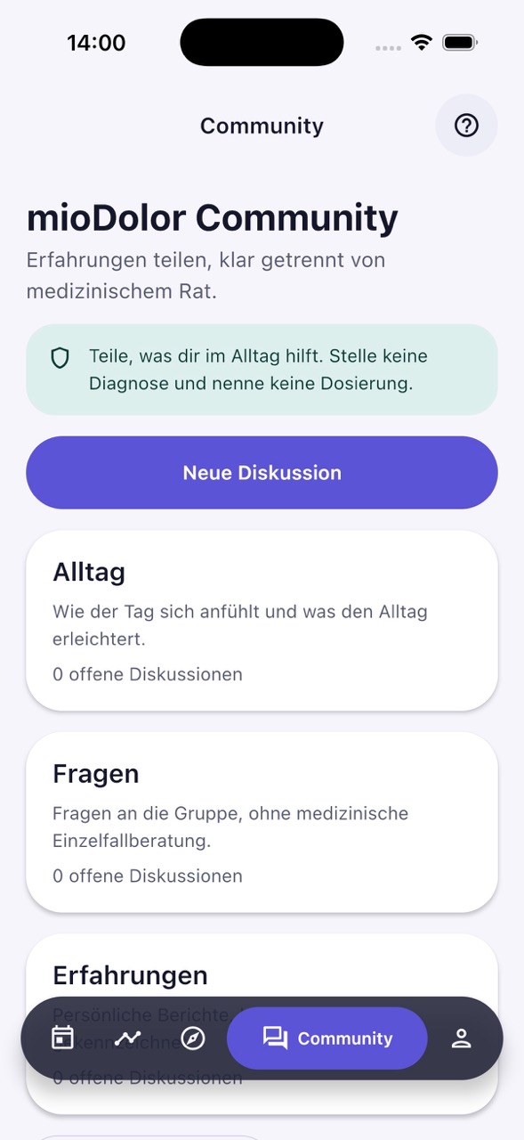 mioDolor Community mit den Bereichen Alltag, Fragen und Erfahrungen sowie dem Hinweis, keine Diagnosen zu stellen.