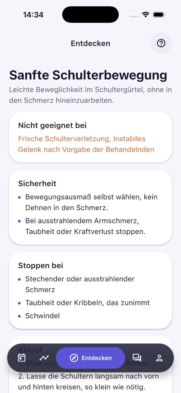 Detailansicht der Übung „Sanfte Schulterbewegung“ mit Hinweisen zu Sicherheit und Abbruchkriterien.